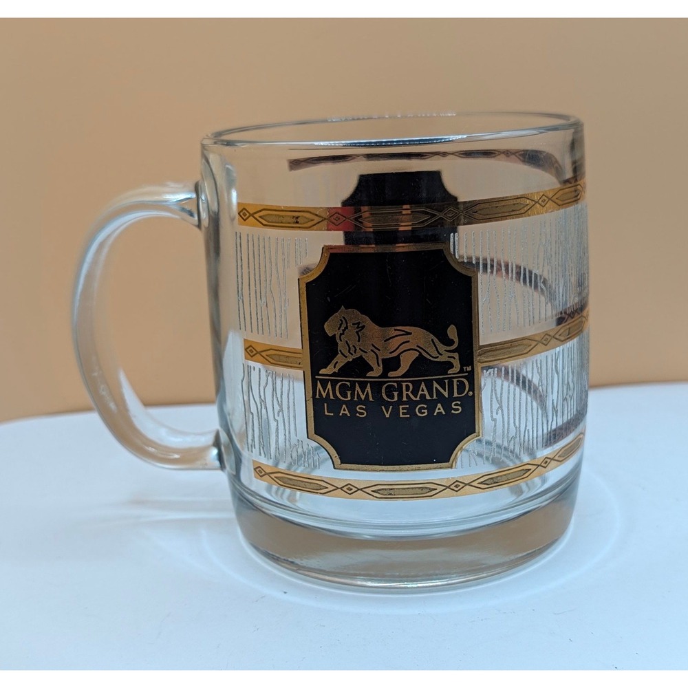 MGM Grand Las Vegas Glass Coffee Mug Gold Lion Logo Souvenir Clear Glass